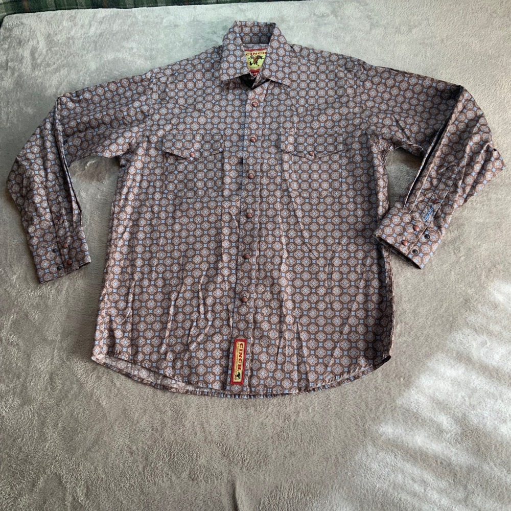 Cinch Classic Cowboy Collection Brown Geometric Snap Western Shirt Mens XS